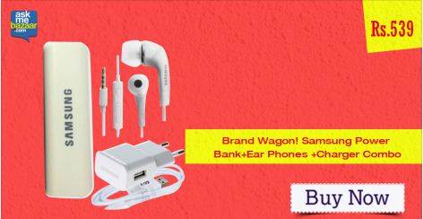 India Desire : Samsung Power Bank+Ear Phones +Charger Combo @Rs 539